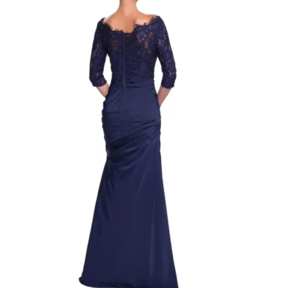 NWT La Femme Sparkle Lace Trumpet Gown Navy Blue Style # WD83 Size 16 - Picture 2 of 7
